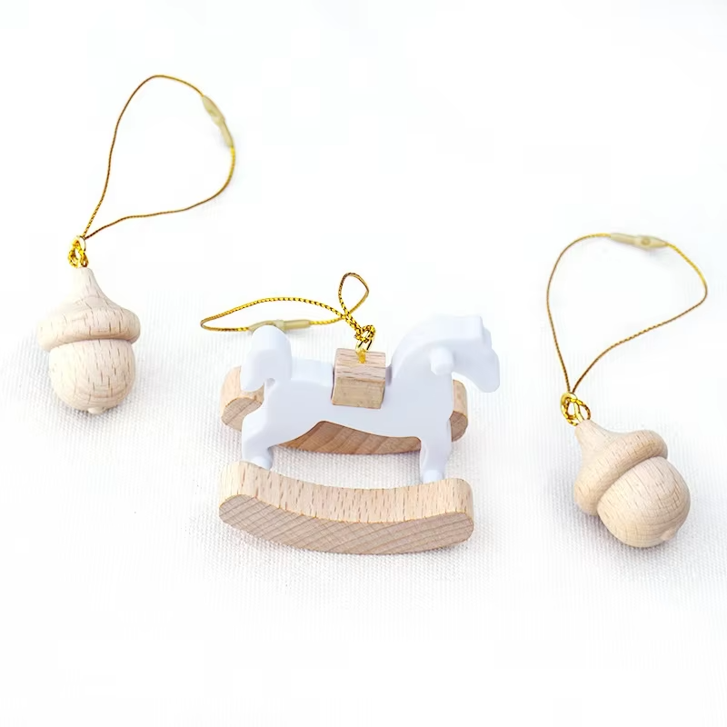 Handmade Wooden Christmas Ornaments – Gold Thread, Beech Wood, Rocking, Preschool Pretend Play