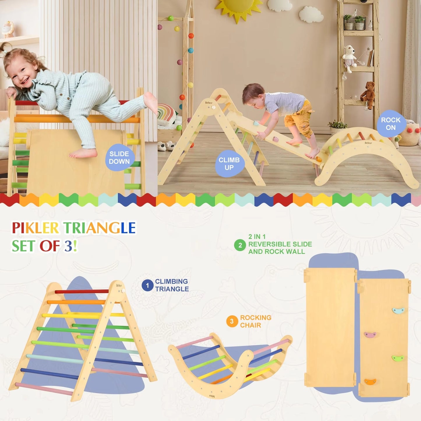 Children's Wooden Climbing Frame & Ramp – Pikler Triangle Gym, Indoor/Outdoor Play for Preschool Kids