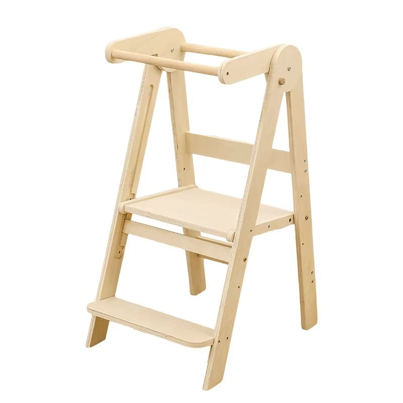 Adjustable Folding Wooden Step Stool – Montessori Kids' Learning Tower, Kitchen Helper for Babies & Toddlers