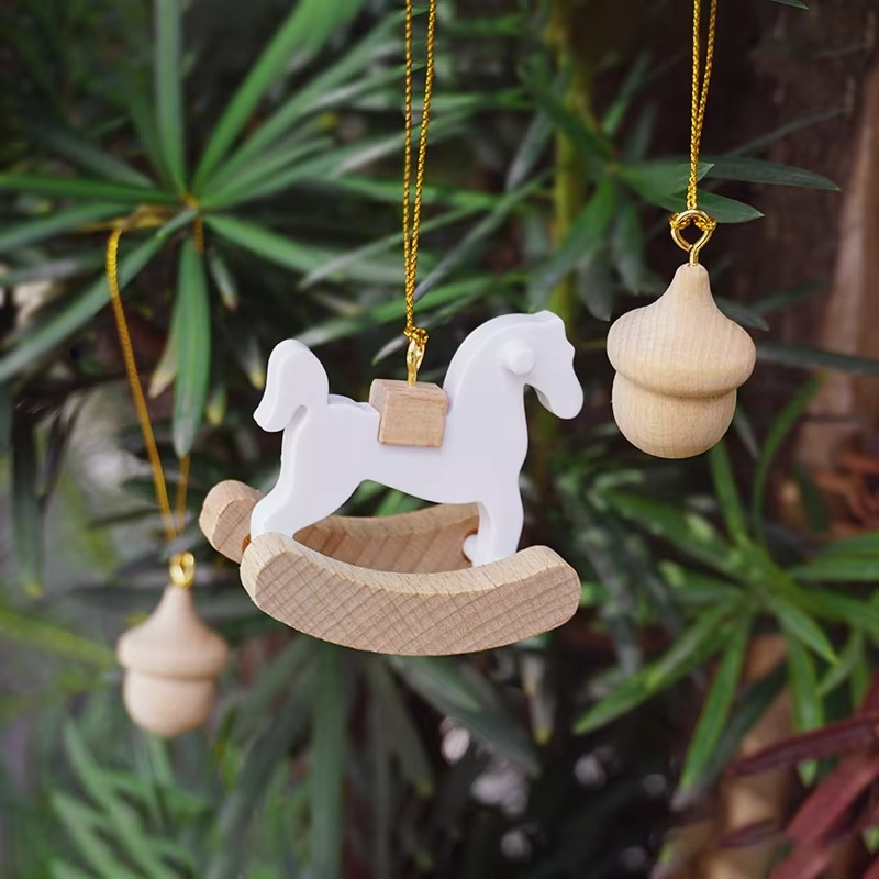 Handmade Wooden Christmas Ornaments – Gold Thread, Beech Wood, Rocking, Preschool Pretend Play