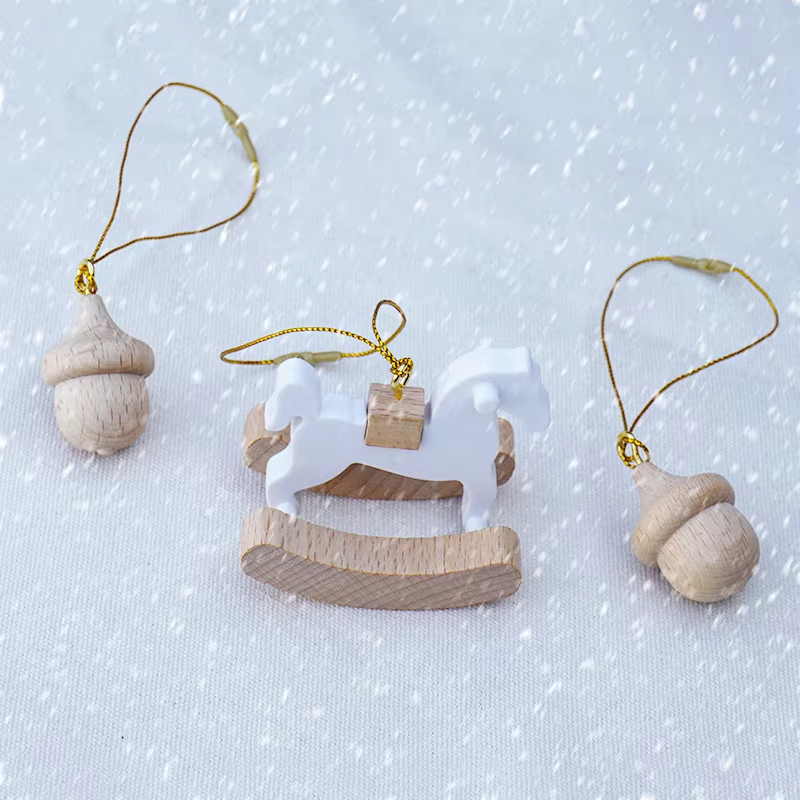Handmade Wooden Christmas Ornaments – Gold Thread, Beech Wood, Rocking, Preschool Pretend Play