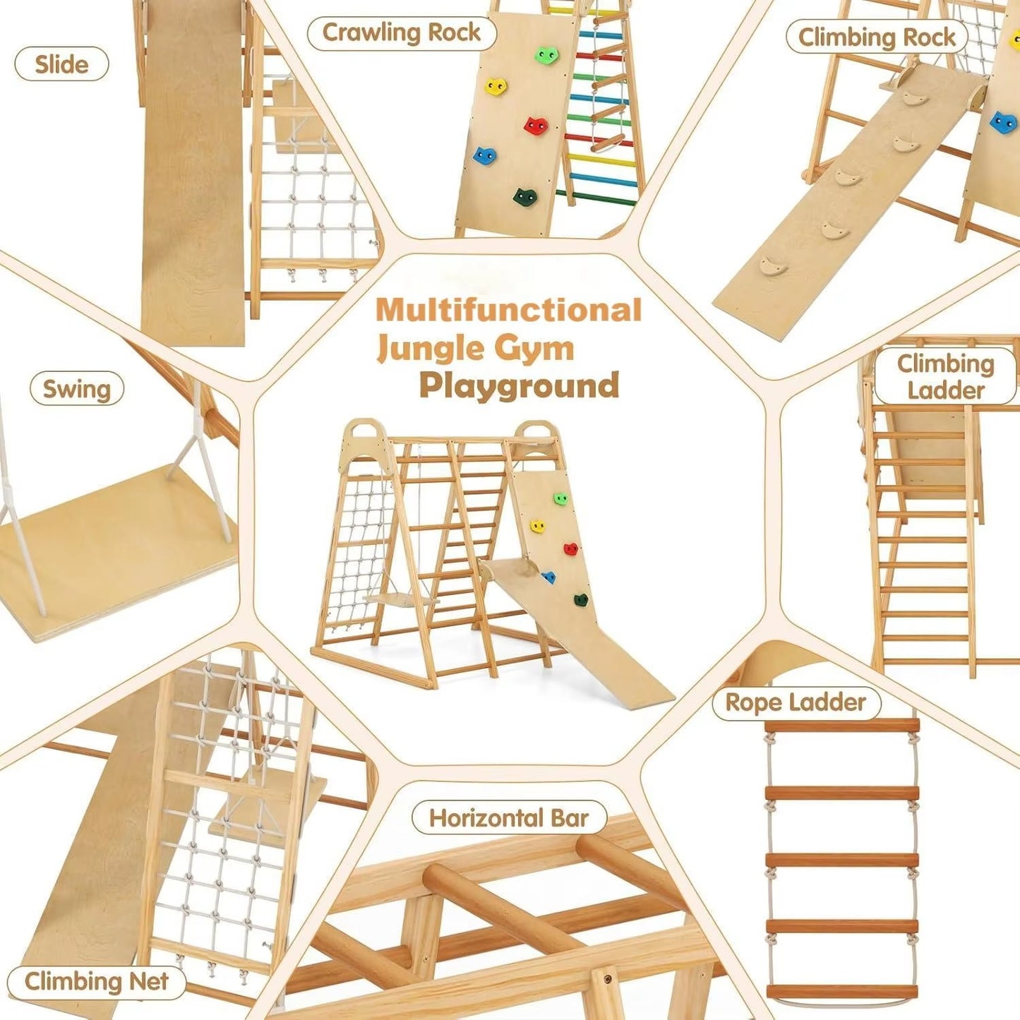 8-in-1 Wood Gym – Montessori Climbing Frame, Indoor Educational Play Set for Kids, Kindergarten