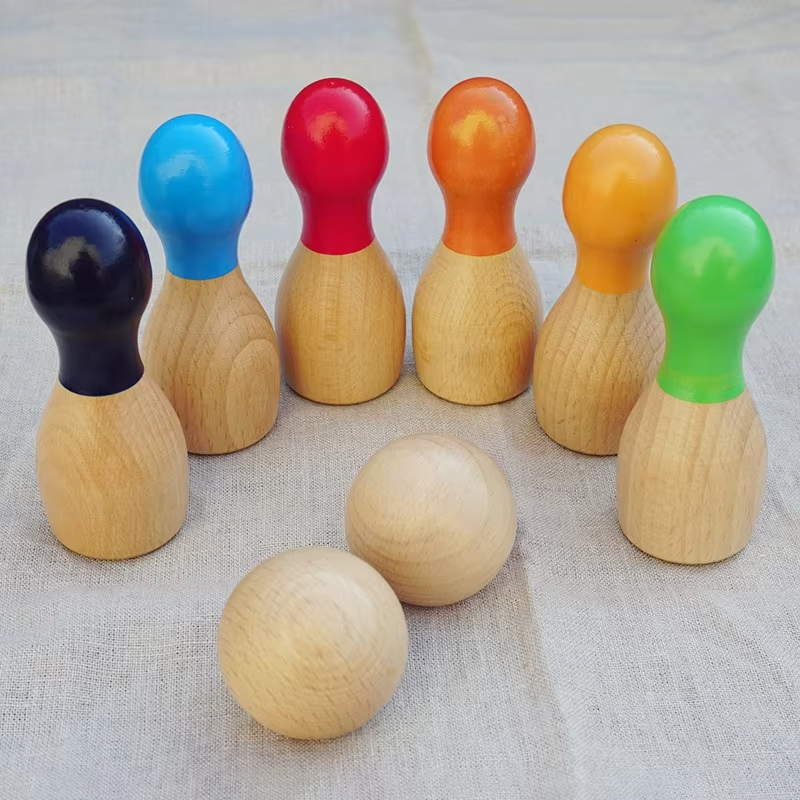 Small Wooden Rainbow Bowling Set – for Boys & Girls, Fine Movement Exercise, Parent-Child Sports Toy