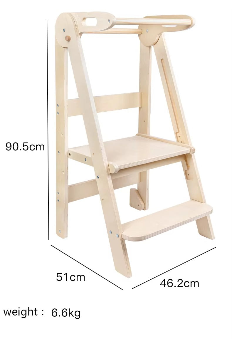 Adjustable Folding Wooden Step Stool – Montessori Kids' Learning Tower, Kitchen Helper for Babies & Toddlers