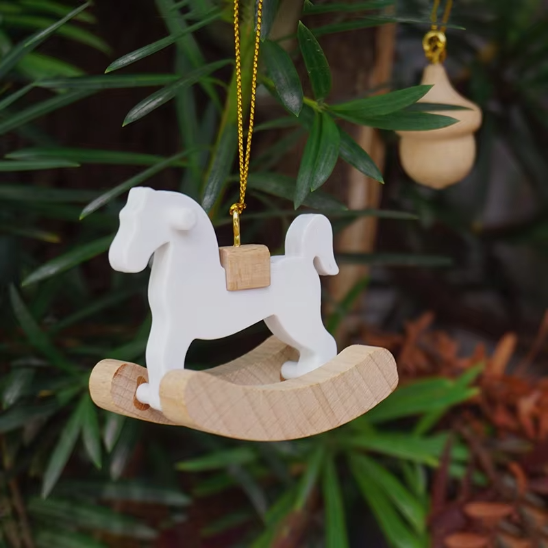 Handmade Wooden Christmas Ornaments – Gold Thread, Beech Wood, Rocking, Preschool Pretend Play