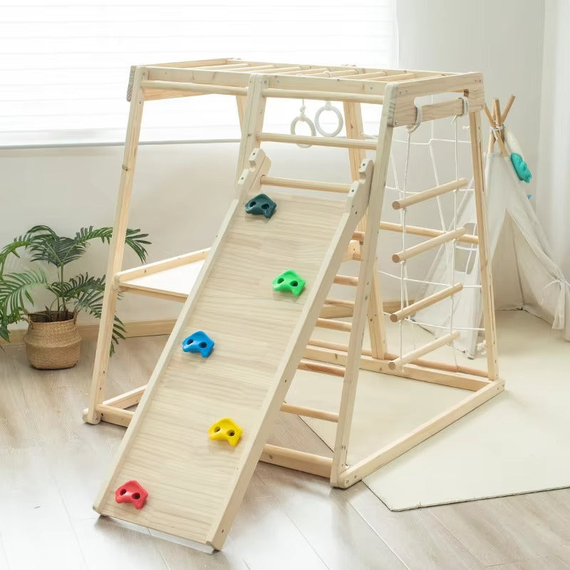 Solid Wood Climbing Frame – Slide, Swing & Ring Combo for Kids