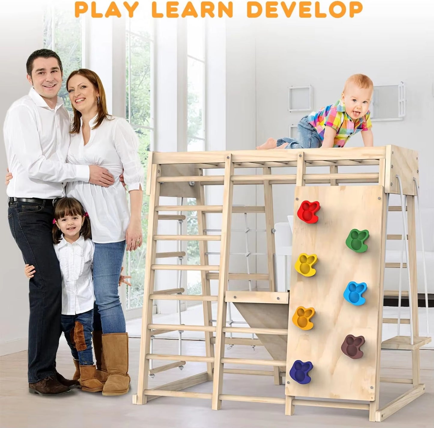 8-in-1 Wood Gym – Montessori Climbing Frame, Indoor Educational Play Set for Kids, Kindergarten