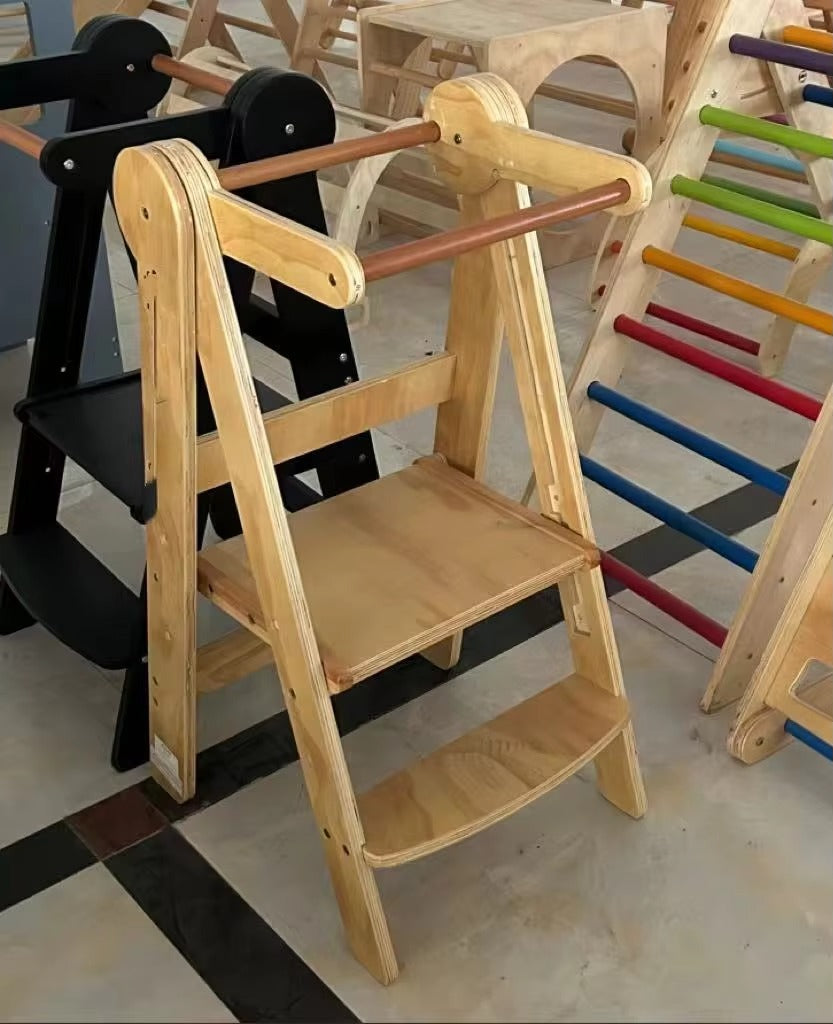 Adjustable Folding Wooden Step Stool – Montessori Kids' Learning Tower, Kitchen Helper for Babies & Toddlers