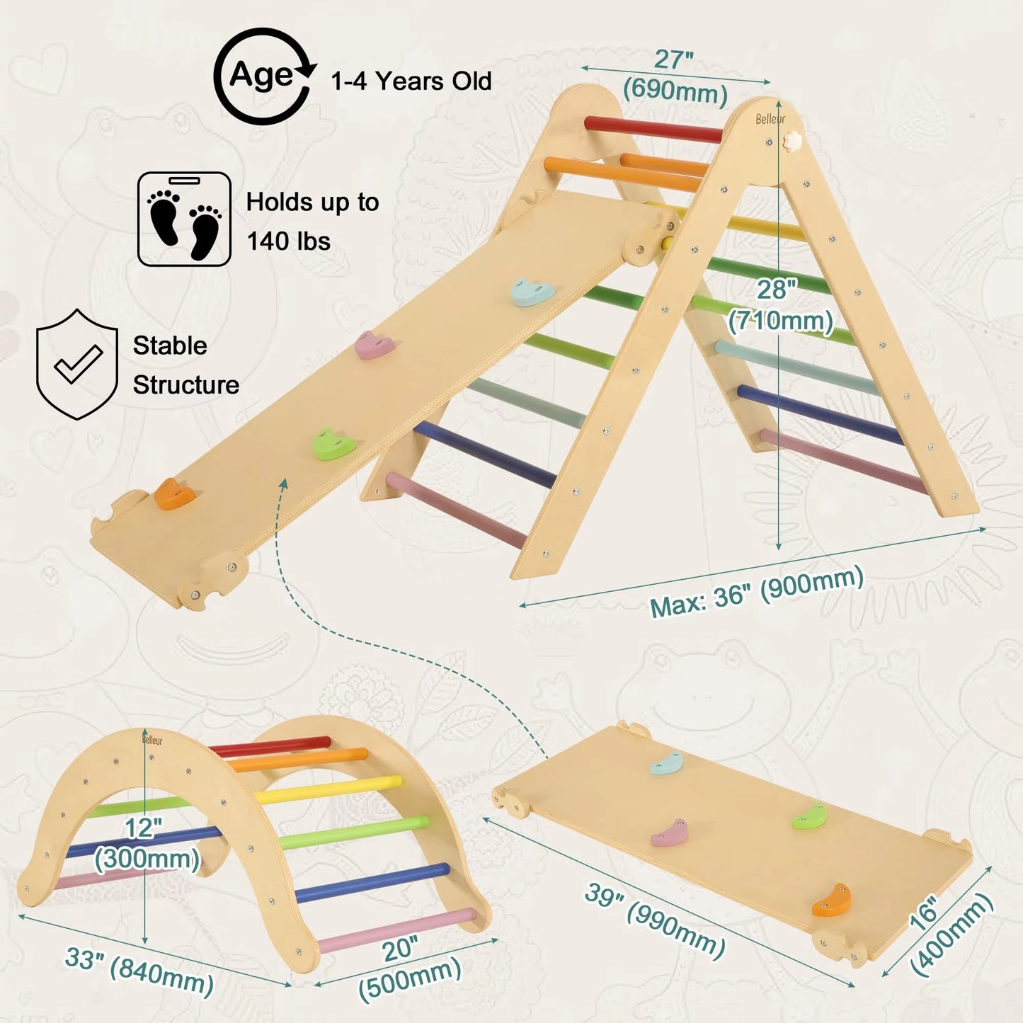 Children's Wooden Climbing Frame & Ramp – Pikler Triangle Gym, Indoor/Outdoor Play for Preschool Kids