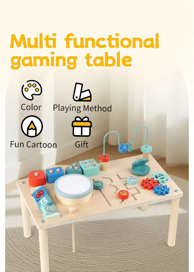 Kids Montessori Busy Board – Sensory Play Table with Bead Maze, Gear Clock, Shape Sorting