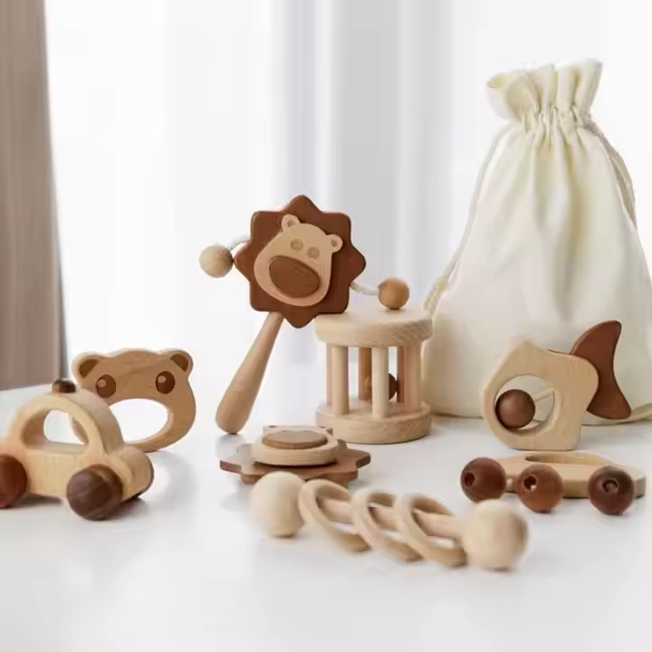 Wooden Chewable Rattle – Paint-Free, Organic Beech Wood, Educational Baby Toy, Color Ring Teether Molar Toy