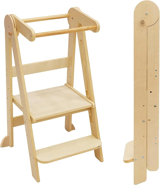 Adjustable Folding Wooden Step Stool – Montessori Kids' Learning Tower, Kitchen Helper for Babies & Toddlers