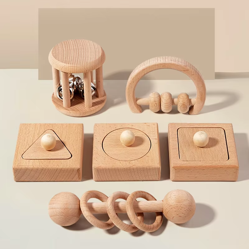 Educational Wooden Cognitive Rattle – Beech Teether Pack, Learning Crawl Toy for Infants