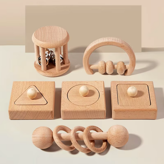 Educational Wooden Cognitive Rattle – Beech Teether Pack, Learning Crawl Toy for Infants