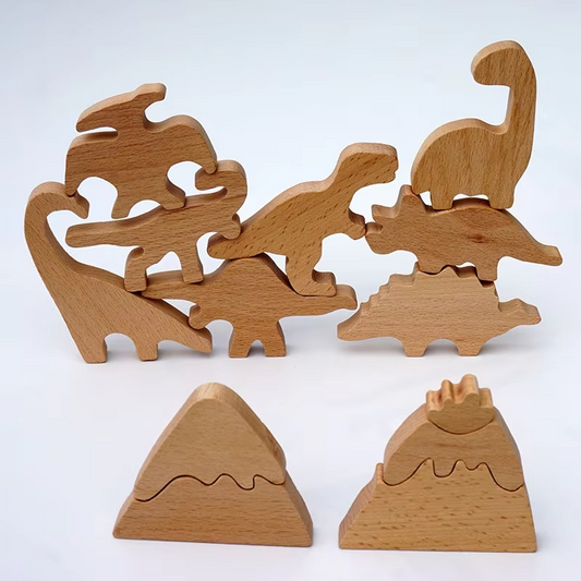Small Wooden Dinosaur Peg Dolls – Eco-Friendly, Hand-Painted Beech, Creative Volcano Blocks, Christmas