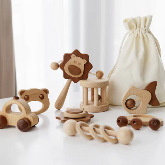 Wooden Chewable Rattle – Paint-Free, Organic Beech Wood, Educational Baby Toy, Color Ring Teether Molar Toy