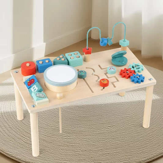 Kids Montessori Busy Board – Sensory Play Table with Bead Maze, Gear Clock, Shape Sorting