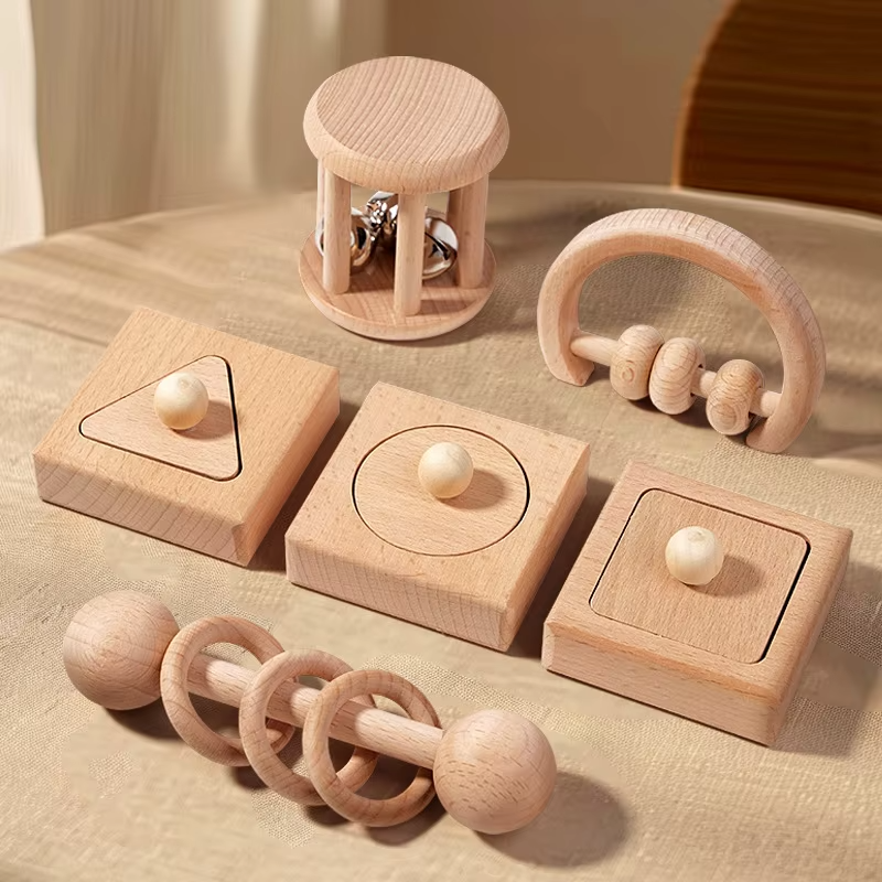Educational Wooden Cognitive Rattle – Beech Teether Pack, Learning Crawl Toy for Infants