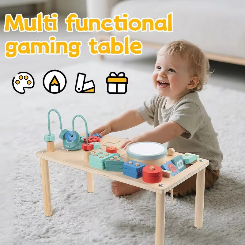 Kids Montessori Busy Board – Sensory Play Table with Bead Maze, Gear Clock, Shape Sorting