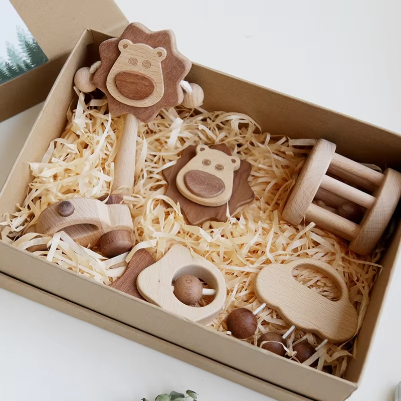 Wooden Chewable Rattle – Paint-Free, Organic Beech Wood, Educational Baby Toy, Color Ring Teether Molar Toy