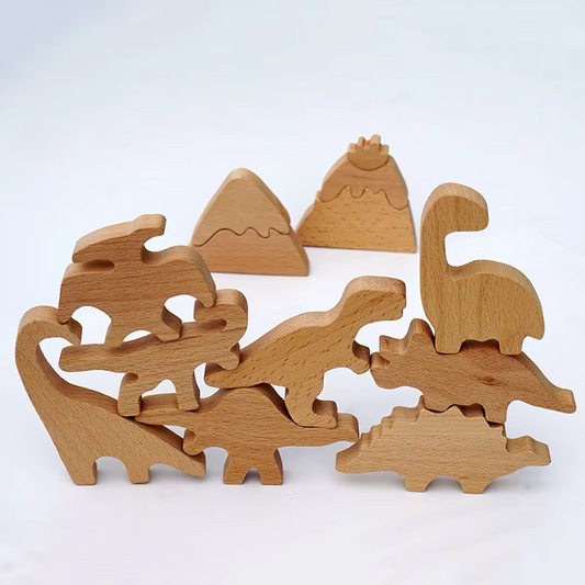 Small Wooden Dinosaur Peg Dolls – Eco-Friendly, Hand-Painted Beech, Creative Volcano Blocks, Christmas