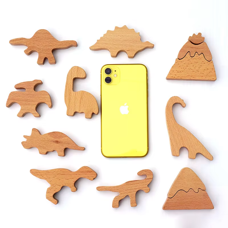 Small Wooden Dinosaur Peg Dolls – Eco-Friendly, Hand-Painted Beech, Creative Volcano Blocks, Christmas