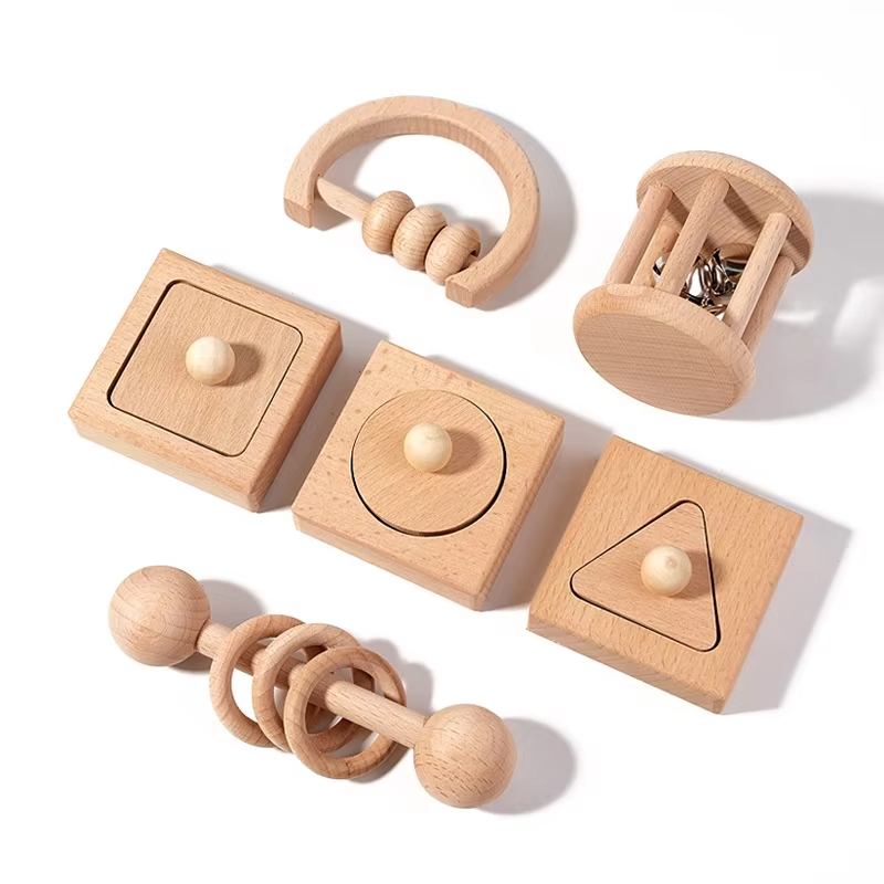 Educational Wooden Cognitive Rattle – Beech Teether Pack, Learning Crawl Toy for Infants