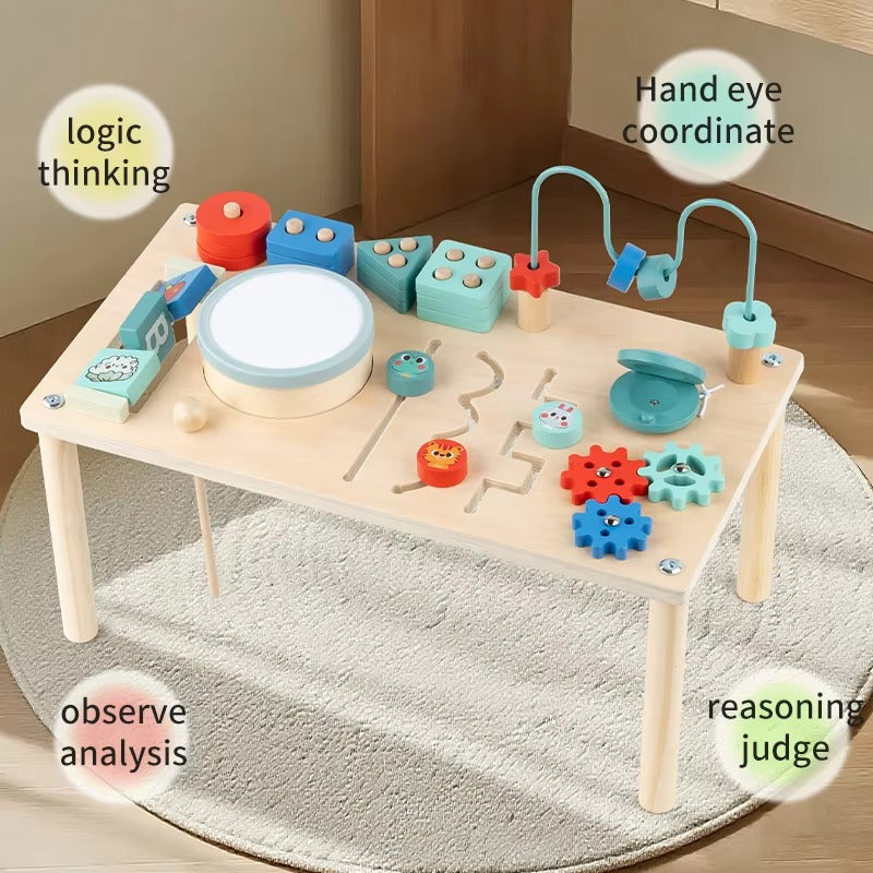 Kids Montessori Busy Board – Sensory Play Table with Bead Maze, Gear Clock, Shape Sorting