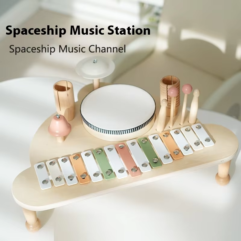 Wooden Multifunctional Drum Set – Spaceship Music Station, Educational Musical Toy