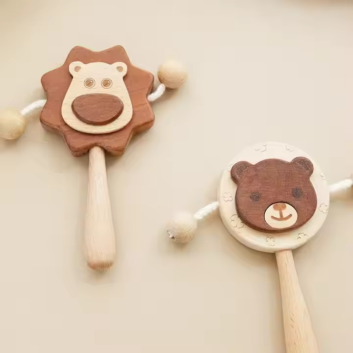 Wooden Chewable Rattle – Paint-Free, Organic Beech Wood, Educational Baby Toy, Color Ring Teether Molar Toy