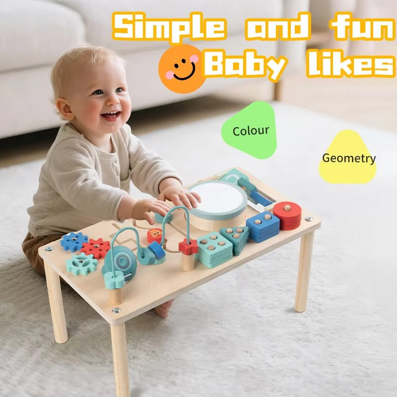 Kids Montessori Busy Board – Sensory Play Table with Bead Maze, Gear Clock, Shape Sorting