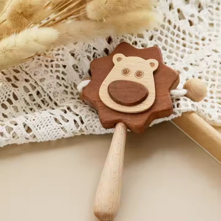 Wooden Chewable Rattle – Paint-Free, Organic Beech Wood, Educational Baby Toy, Color Ring Teether Molar Toy