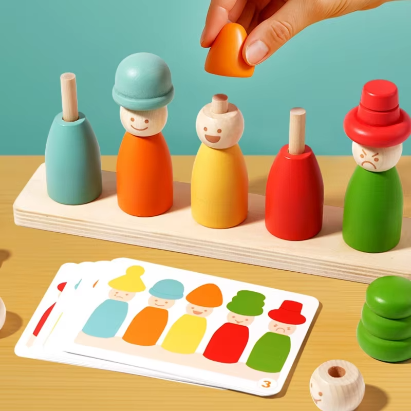 Montessori Wooden Peg Doll Stacking Puzzle – Rainbow Puppet, Color Cognition, EN71 Certified