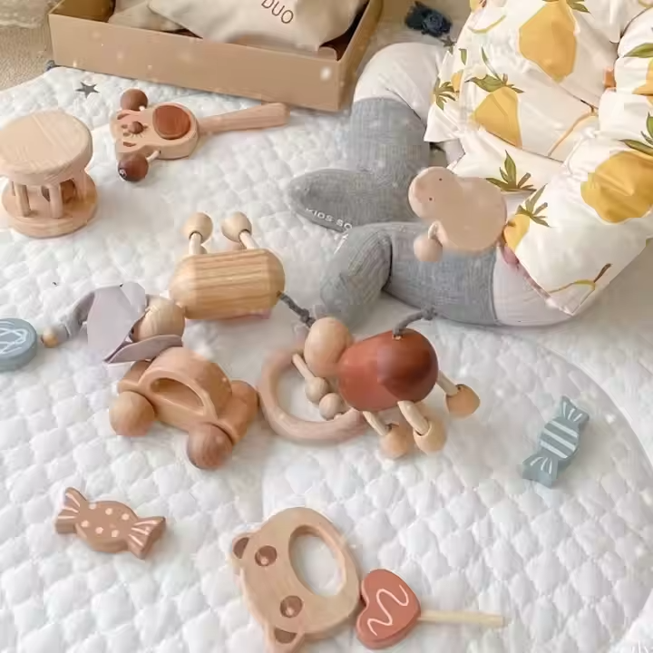 Wooden Chewable Rattle – Paint-Free, Organic Beech Wood, Educational Baby Toy, Color Ring Teether Molar Toy