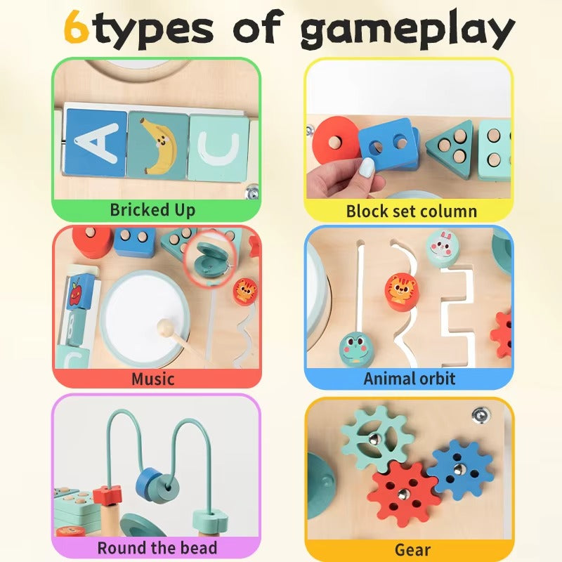 Kids Montessori Busy Board – Sensory Play Table with Bead Maze, Gear Clock, Shape Sorting